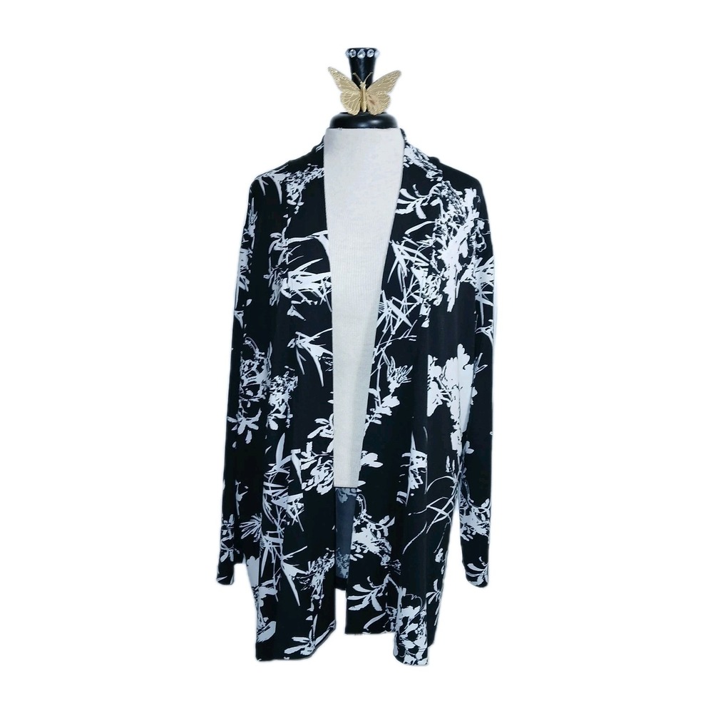 Vikki Vi Women Cardigan 1X Black White Floral Open Front Topper Career Work Job